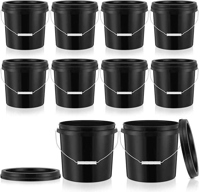 Tioncy 10 Pcs 2 Gallon Plastic Bucket with Lid Heavy Duty 2 Gallon Bucket Pail with Lid Handle for Storage Container Home Household Cleaning (Black)