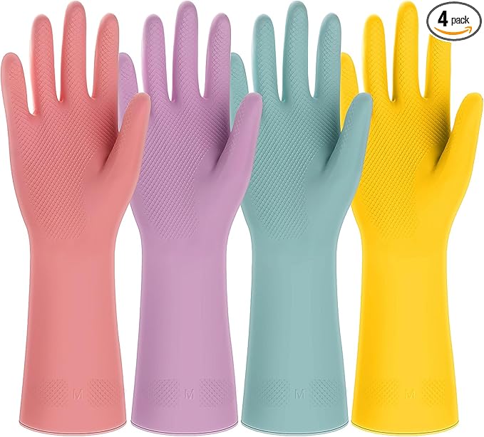 4 Pairs Rubber Kitchen Dishwashing Gloves - Colorful Reusable Household Cleaning Gloves Outdoor Chores for Women & Men (Large)
