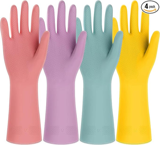 4 Pairs Rubber Kitchen Dishwashing Gloves - Colorful Reusable Household Cleaning Gloves Outdoor Chores for Women & Men (Large)