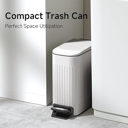 TIPGO Slim Bathroom Trash Can with Lid Soft Close, Step Pedal, 6 Liter / 1.6 Gallon Stainless Steel Trash Bin, Small Garbage Cans for Bedroom, Office, Kitchen (White)