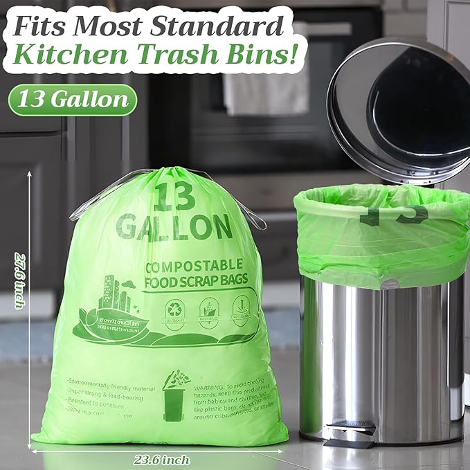 Amyhill 50 Count 13 Gallon Compostable Trash Bags Drawstring Heavy Duty Extra Thick 1.58 Mil 49.2 Liter Garbage Bags 13 Gallon Tall Kitchen Food Scrap Waste for Home Bathroom Garbage, Green