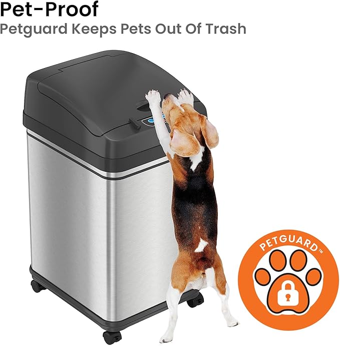 iTouchless 8 Gallon Pet-Proof Sensor Trash Can with AbsorbX Odor Filter Kitchen Garbage Bin Prevents Dogs & Cats Opening Lid, Stainless Steel plus PetGuard, Battery and AC Adapter (Not Included)