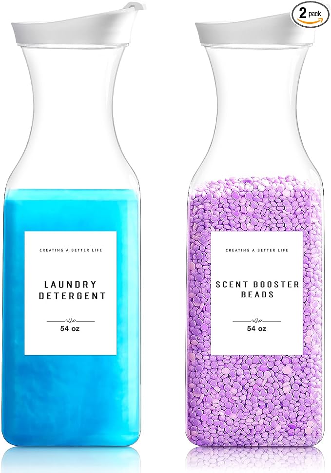 Laundry Detergent Dispenser Bottle 54oz with Waterproof Label for Laundry Detergent Soap Fabric Softener Bleach Scent Booster Beads, Sturdy PET Plastic Bottle for Laundry Room Decor 2 Pack White