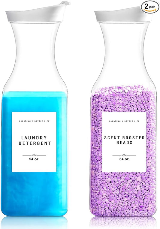 Laundry Detergent Dispenser Bottle 54oz with Waterproof Label for Laundry Detergent Soap Fabric Softener Bleach Scent Booster Beads, Sturdy PET Plastic Bottle for Laundry Room Decor 2 Pack White