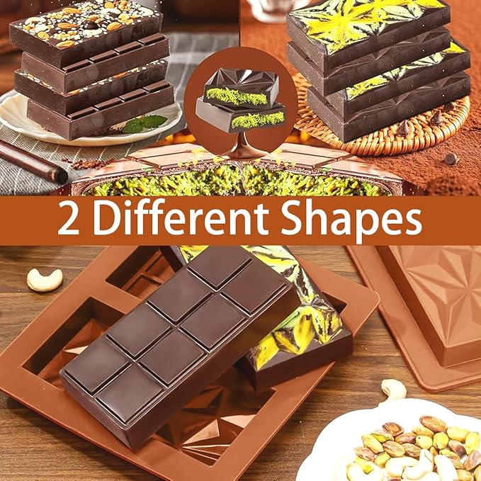 2 Pcs Dubai Chocolate Molds Silicone, 1 Inch Deep Chocolate Mold for Pistachio Chocolate Bar, Candy Bar Snack Baking Mold - 2 Different Shapes