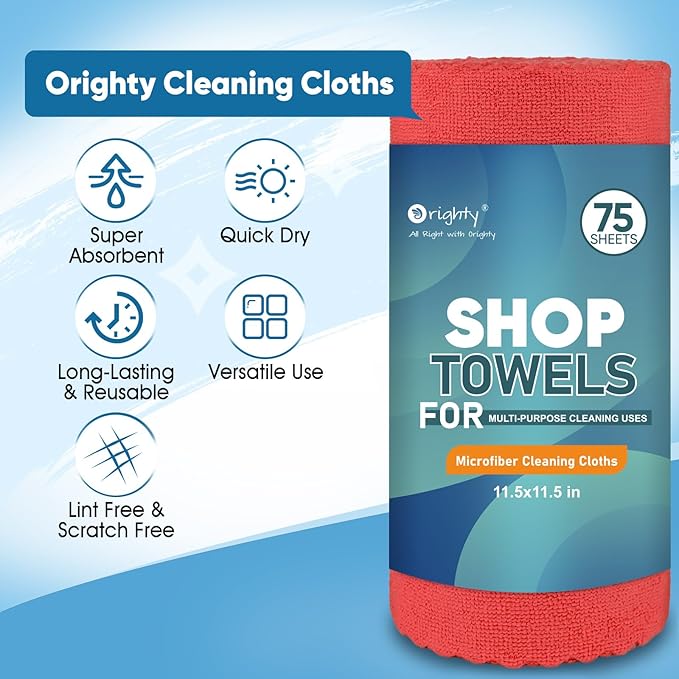 Orighty Microfiber Cleaning Cloths, 75 Sheets Shop Towels, Reusable Paper Towels Shop Rags, Washable Microfiber Towel Roll Cleaning Rags for Cars, House, Kitchen, 11.5’’ x 11.5’’, Red