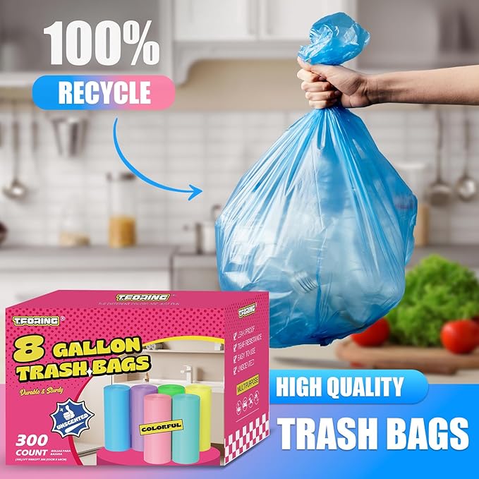 300 Count 8 Gallon Trash Bags - Heavy Duty Medium Garbage Bags 30 Liter Unscented 0.94 Mil Thick & Leakproof Wastebasket Liners for Kitchen Bathroom Home