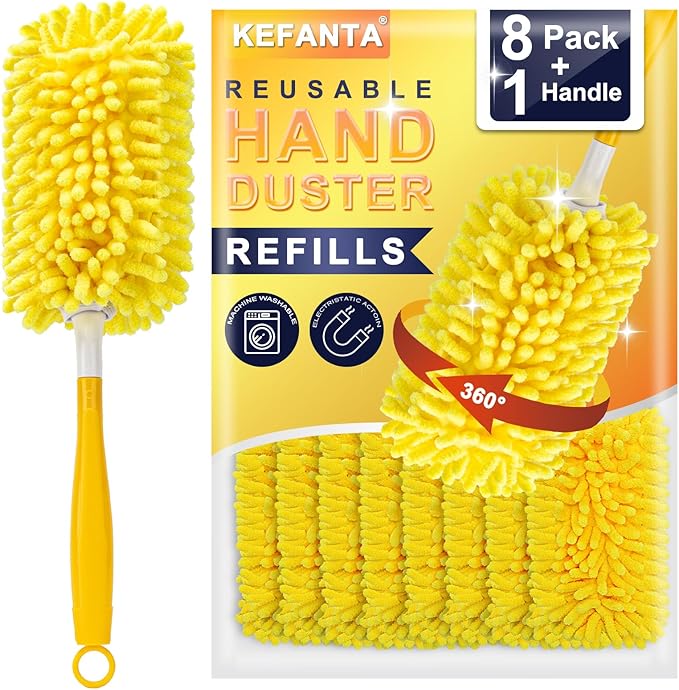 KeFanta Reusable Duster Refill for Swiffer, 360° Heavy Duty Duster Refills 8Pcs with 1 Handle, Washable Microfiber Dusters for Cleaning