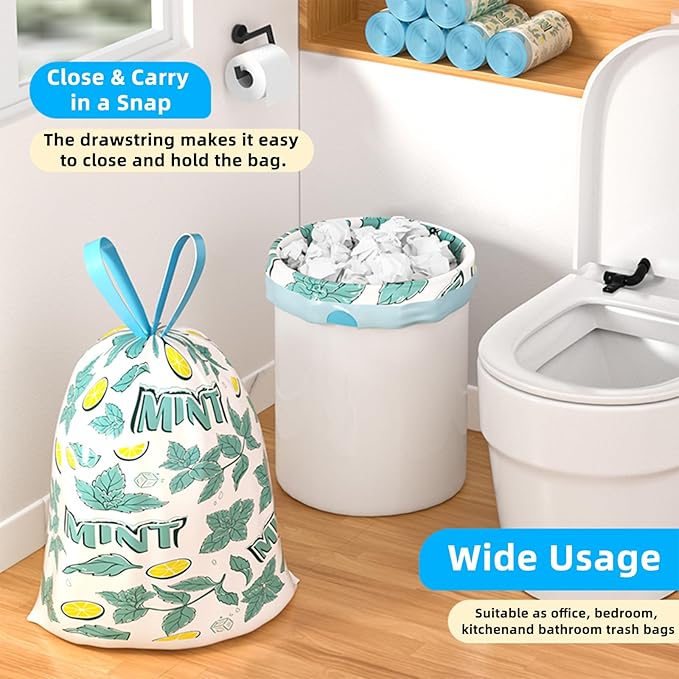 13 Gallon Trash Bags Drawstring, 50 Count Tall Kitchen Trash Bags, Sturdy Large Trash Bags, Lemon & Mint Printed Garbage Bags 13 Gallon Tall Kitchen, Tear Resistant Kitchen Garbage Bags for Kitchen