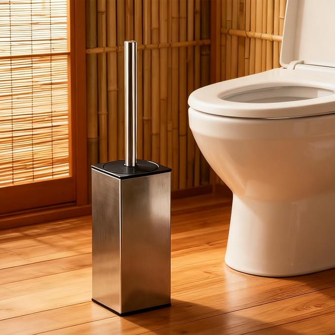 Toilet Brush and Holder Set, NEWRAIN Stainless Steel Toilet Brush with Long Brush Handle, Brushed Nickel Toilet Scrubber and Covered Holder, Square Design Sturdy and Space Saving, Covered Brush