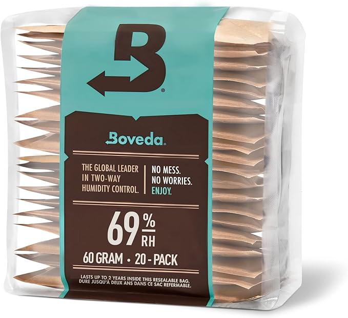 Boveda 69% Two-Way Humidity Control Packs For Plastic & Wood Humidifier Boxes & Zip Lock Bags – Size 60 – 20 Pack – Moisture Absorbers – Humidifier Packs – Hydration Packets in Resealable Bag