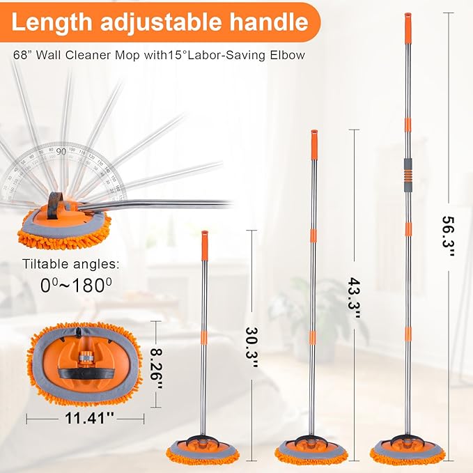 Wall Cleaner Mop with 56” Long Handle,15°Labor-Saving Elbow,Multi-Surface Duster for Painted Walls,Floor,Baseboard & Windows, Includes 2 Replaceable Microfiber Chenille Pads (Orange)