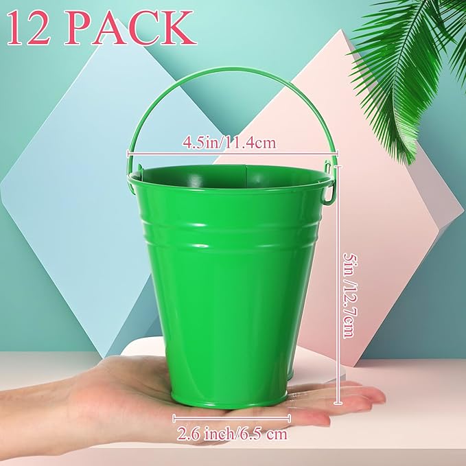 Sadnyy 12 Pack Metal Buckets with Handle, Galvanized Bucket 4.5 x 5 Inch Basket Bucket Party Supplies, Crafts for Christmas Halloween Candy Bars Vase Crafts(Pink Green)