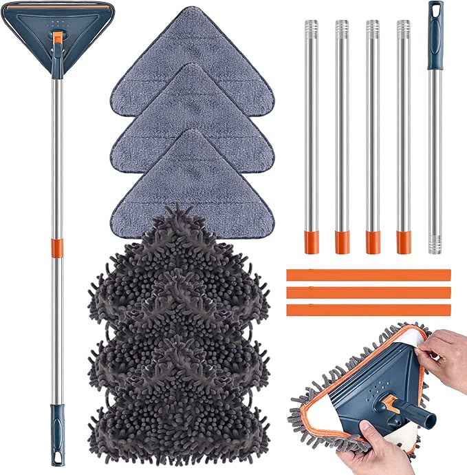 85 Inch Wall Cleaner with Long Handle, 360° Rotatable Wall Mop, Wall Washer Cleaner Tool for Walls/Ceiling Fans/Dust/Baseboard/Floors Clean, 6 Replacement Pads and 3 Silicon Squeegee Scraper Strips