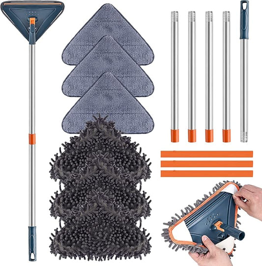 85 Inch Wall Cleaner with Long Handle, 360° Rotatable Wall Mop, Wall Washer Cleaner Tool for Walls/Ceiling Fans/Dust/Baseboard/Floors Clean, 6 Replacement Pads and 3 Silicon Squeegee Scraper Strips