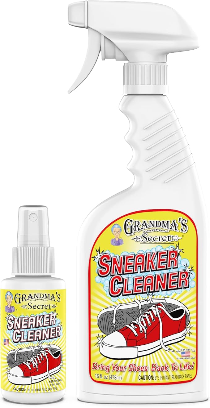 Grandma's Secret Sneaker Cleaner - for Rubber, Canvas, Leather, Stain Remover Spray Removes Dirt, Grime, Grass - Cleaner for Outdoor Shoes, Slippers, Moccasins - 16oz & 3oz Combo