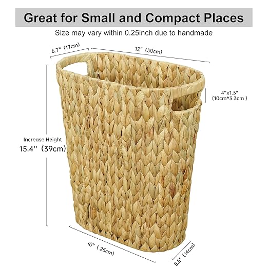 Wicker Trash Can,Bathroom Trash Can,Water Hyacinth Wicker Waste Basket for Bathroom,Handwoven Narrow Small Waste Basket for Bedroom,Office,5 Gallon