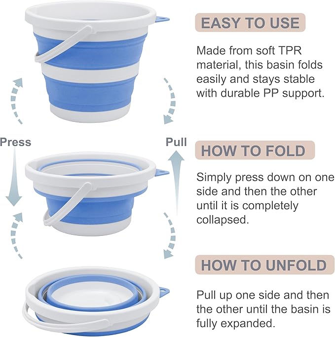 Small Collapsible Bucket 1.3 Gal/5L, Space-Efficient, Portable Foldable Water Pail for Household, Outdoor Use, Car Wash, Camping, Fishing - Blue, Single Pack
