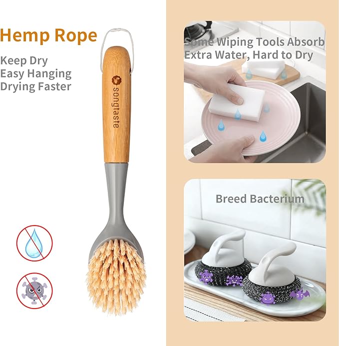 2 Pack Kitchen Dish Brush Bamboo Handle Dish Scrubber Built-in Scraper, Scrub Brush for Pans, Pots, Kitchen Sink Cleaning, Dishwashing and Cleaning Brushes are Perfect Cleaning Tools, Color-Gray