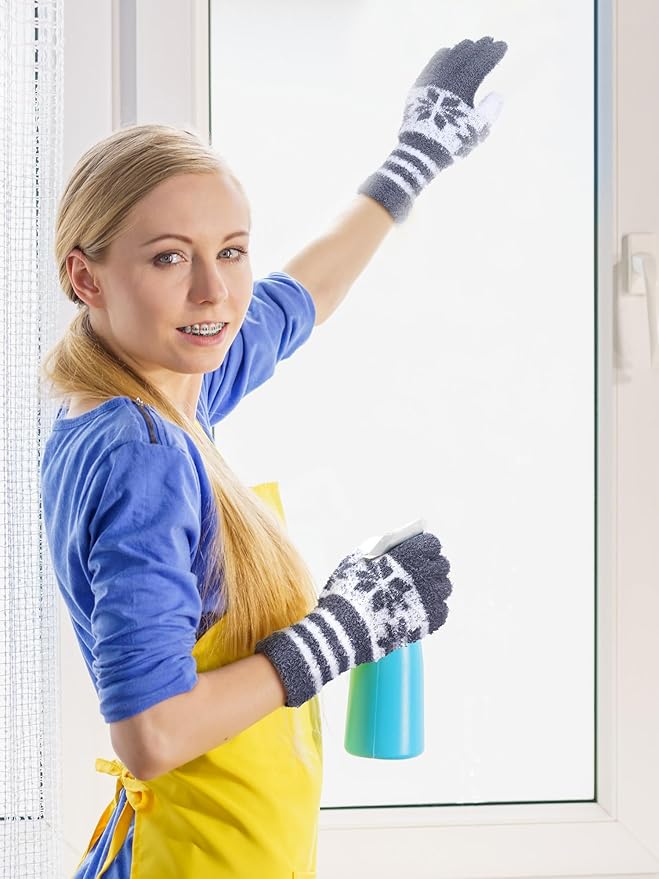 Patelai 3 Pairs Microfiber Plant Dusting Gloves Leaf Cleaning Gloves for Indoor Plants, Blinds, Furniture, House(Small,Snowflake Dark Blue, Gray, Khaki, White)