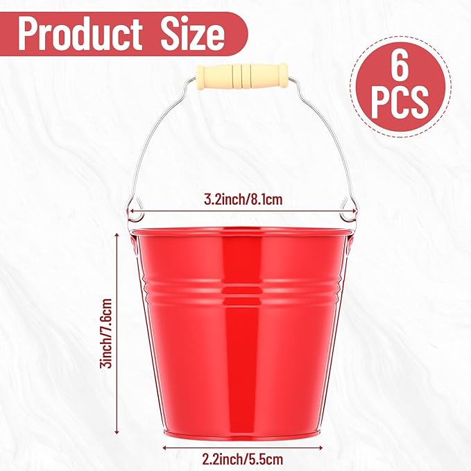 Zopeal 6 Pcs Large Metal Bucket Beer Bucket Galvanized Steel Pail with Handle for Gifts Basket Ice Candy Party(5 x 4.7 x 3.5 Inch,Red)