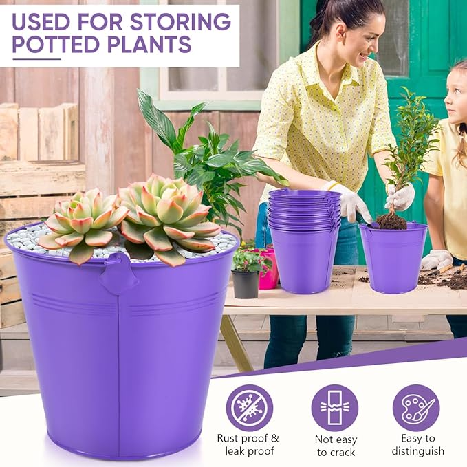 OBTANIM 7 Pack Purple Metal Buckets with Handle Galvanized Ice Pails for Plants, Succulents, Party Favors Organizing, Rustic Home Decor or Classrooms Pencil Storage (7.1 x 5.2 inch)