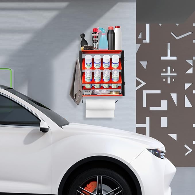 Ultrawall Spray Can Holder Rack With Paper Towel Holder, Steel Wall Mounted Spray Bottle Holder, Garage Wall Mount Shelf, Utility Storage Rack, Tool Storage Rack, Holds 100 lbs