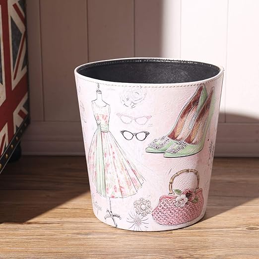 PU Leather Small Trash Can Wastebasket, Round Garbage Container Basket for Bathrooms, Laundry Room, Kitchens, Offices, Kids Rooms, Bedrooms,Dorms,Home Decorative Art Bin, 2.9 Gallon(Fashion Style)