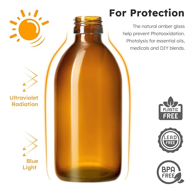 Tecohouse Amber Glass Spray Bottles 10.8oz, 2 Pack Empty Spray Bottle for Essential Oils, Small Glass Bottles for Cleaning Solutions, Plants, Hair with Durable Nozzle, Labels, Funnel