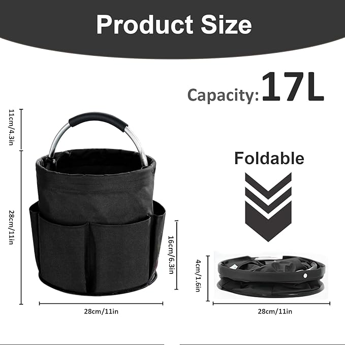 17L Cleaning Caddy with Handle, Cleaning Supplies Organizer, Foldable Storage Basket, Cleaning Supply Caddy, Portable Multi Cleaning Bucket Bag for Home, Garden (Black)