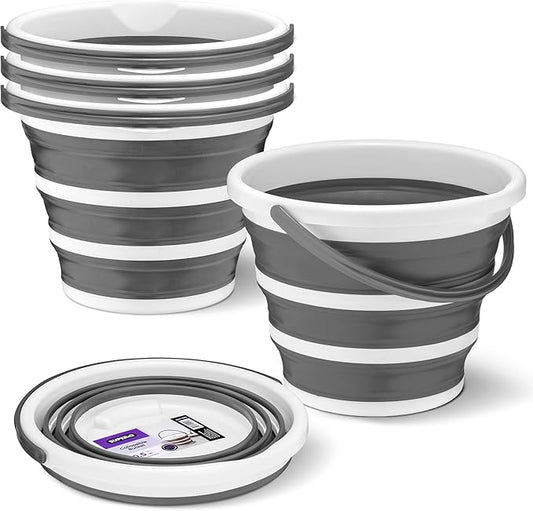 Superio Collapsible Bucket 2 Gallon Bucket with Handle Grey Car Wash Bucket Small Foldable Silicone Pail for Camping, Fishing, Cleaning, Mopping, 10 Liter, 4