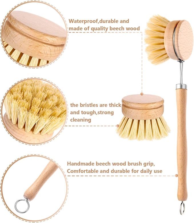 Boao Dish Brush with Beechwood Handle with 2 Replacement Heads Natural Wood Dish Scrub Brush for Washing and Cleaning Pots and Pans