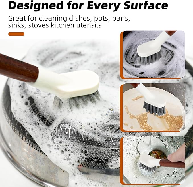 4-Pack Heavy Duty Scrub Brushes with 11" Sapele Wood Handle – PBT Bristles & TPR Loop – Kitchen, Bathroom, Grout, Dish & Tile Cleaner – Durable Non-Slip Multi-Surface Cleaning Brush Set