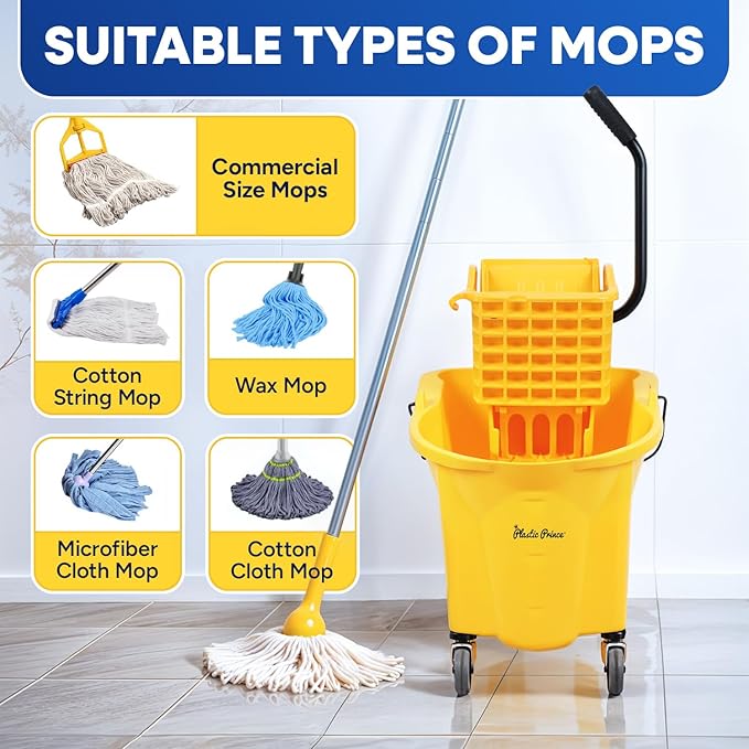 Commercial Mop Bucket with Wringer on Wheels, Heavy Duty Industrial Mop Bucket and Wringer, Side-Press Bucket with Wringer Set for Home Office Restaurant Business, 35-Quart - Yellow