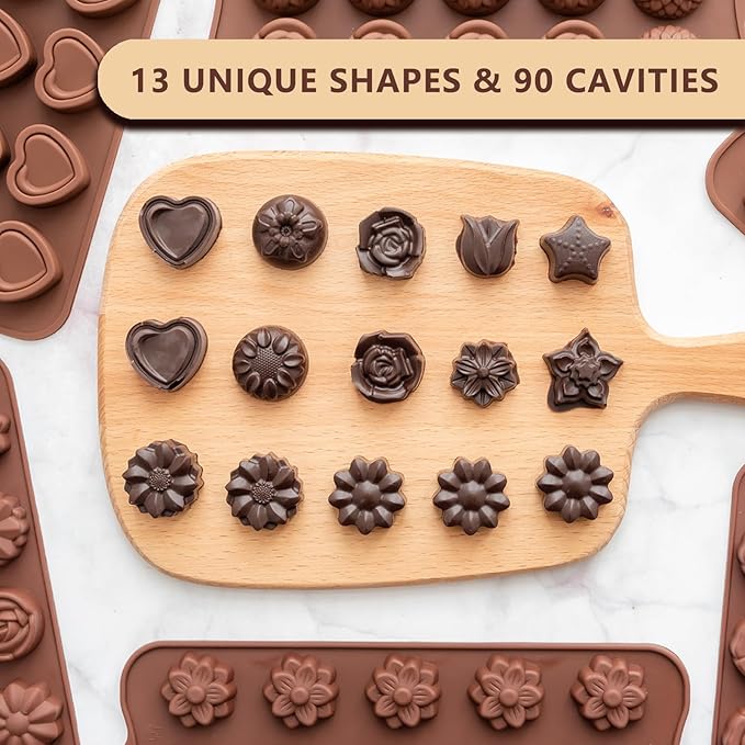 6 Pcs Silicone Chocolate Mold Set - Food-Grade Non-Stick Candy Molds Cookery Moulds for Chocolate, Candy, Jello, Soap & Crayon - Flower Shapes