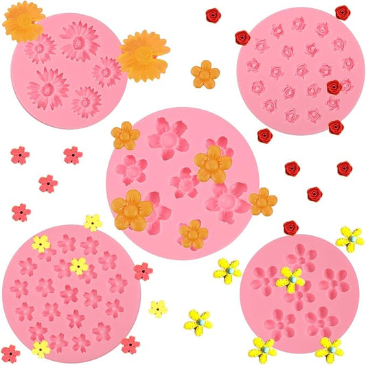 5 Pcs Flower Silicone Molds, Daisy Chocolate Fondant Mold, for Cupcake Toppers, Wedding Cake Decorations, Cookie Candy Dough Flower Paste Resin Ornaments Desktop Decoration Clay Modeling