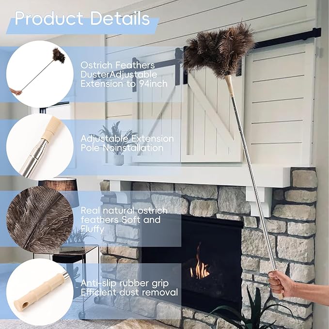 THARAHT Extendable Ostrich Feather Duster up to 27-94 inches Fluffy Feathers Long Handle Reusable for Cleaning Ceiling Fan Pendant lamp High Ceiling Blinds Furniture Feather Duster