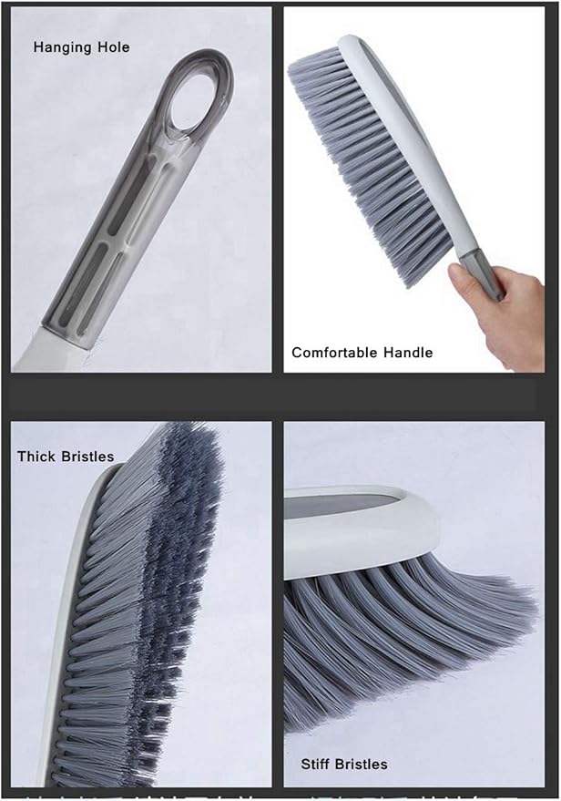 Hand Broom, 14 inch Large Counter Duster, Slightly Stiff Plastic Bristle Brush with Long Handle, Sweep for Furniture, Floor, Bench, Carpet, Woodworking, Patio, Home, Shop(Gray, 14 inch)