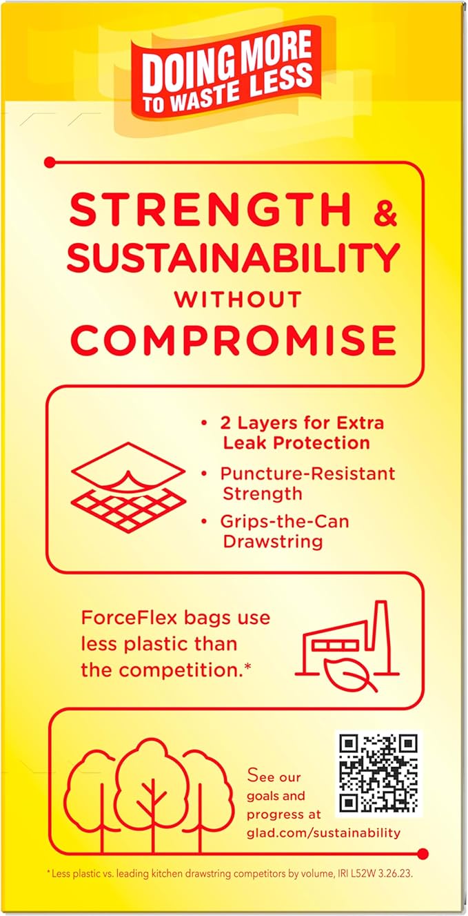 Glad ForceFlex Tall Kitchen Drawstring Trash Bags, 13 Gal, Fragrance Free, 40 Ct (Package May Vary)