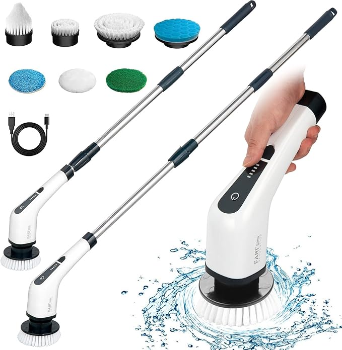 Electric Spin Scrubber, FARI Cordless Cleaning Brush with 7 Replaceable Brush Heads, Tub and Floor Tile 360 Power Scrubber Mop with Adjustable Handle for Bathroom Kitchen Car (White)