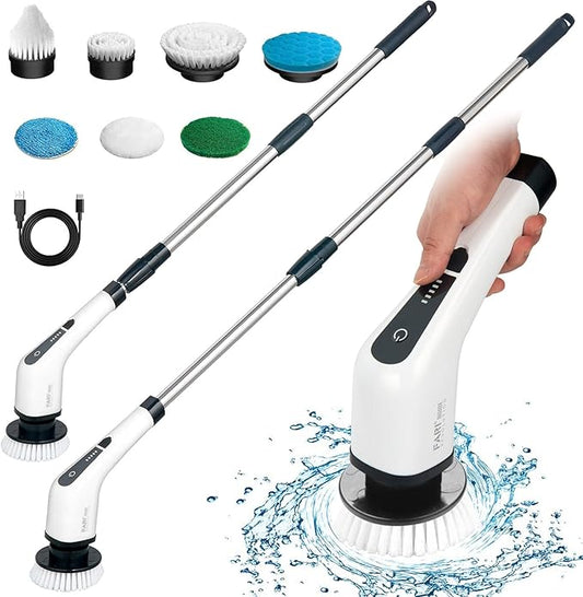 Electric Spin Scrubber, FARI Cordless Cleaning Brush with 7 Replaceable Brush Heads, Tub and Floor Tile 360 Power Scrubber Mop with Adjustable Handle for Bathroom Kitchen Car (White)