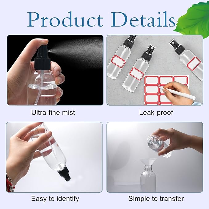 120 Pcs 2 oz Plastic Spray Bottles with Black Cap for Mini Spray Bottles, Clear Empty Fine Mist Liquid Container Refillable Sprayer for Essential Oils, Perfumes, Travel, Makeup