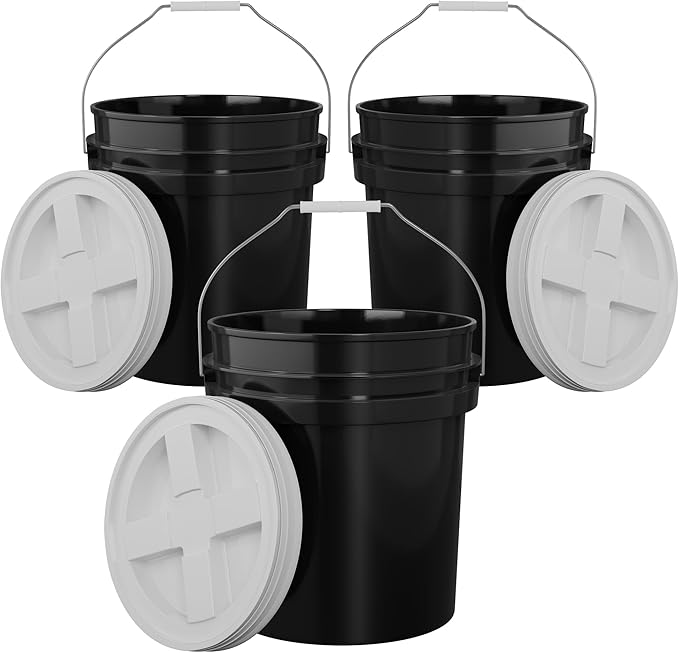 5-Gallon Black Bucket Pail with Gamma Seal Screw on Airtight Lid, Metal Handles with Plastic Grip for Easy Carrying, Easy Stack and Store, Heavy-Duty 90MIL Extra Durable, Food Grade, BPA Free - 3 Pack