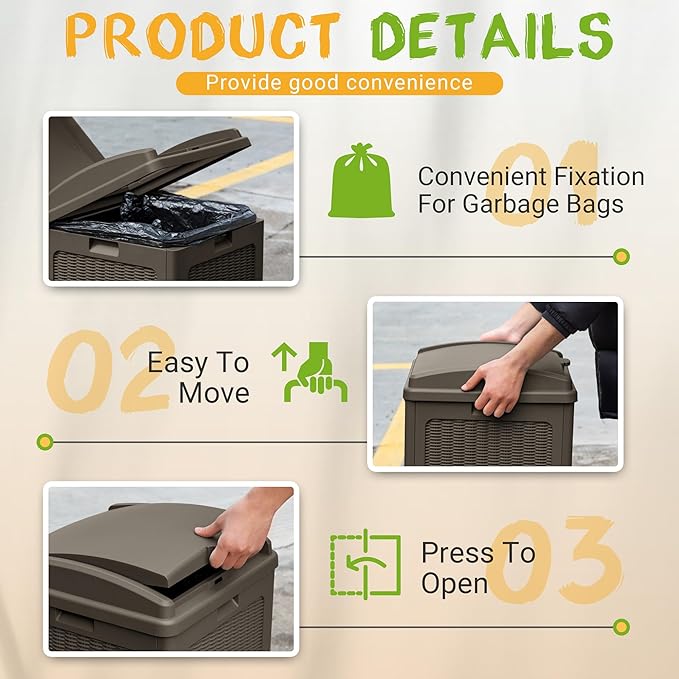 YESHOMY 4 Pack Outdoor Trash Can with Lid, Garbage Bins for Garden, Porch, Home and Kitchen, Brown