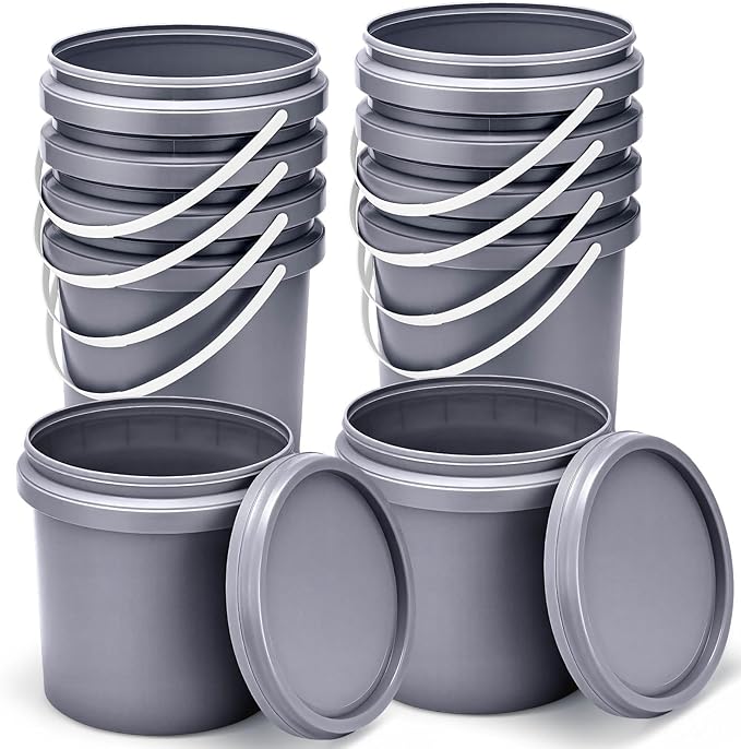 Gerrii 10 Pack Gray 1 Gallon Plastic Bucket with Handle and Lid Food Storage Bucket Containers All Purpose Pail for Paint Water Art Crafts Projects Garage Organization