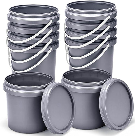 Gerrii 10 Pack Gray 1 Gallon Plastic Bucket with Handle and Lid Food Storage Bucket Containers All Purpose Pail for Paint Water Art Crafts Projects Garage Organization
