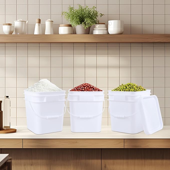 4 Pcs 3 Gallon Square Bucket, White All Purpose Pails and Lids, Heavy Duty Buckets Container for Home Household Cleaning