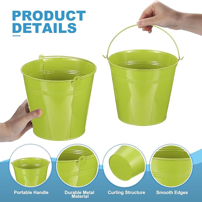 PATIKIL 7"x6.4" Small Metal Buckets with Handle, 6 Pcs Mini Galvanized Bucket Colorful Easter Buckets for Crafts Party Favors Decoration, Green