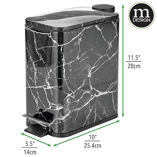mDesign Slim Metal Rectangle 1.3 Gallon/5 Liter Trash Can with Step Pedal, Easy-Close Lid, Removable Liner - Narrow Wastebasket Garbage Container Bin for Bathroom, Bedroom, Kitchen - Black Marble