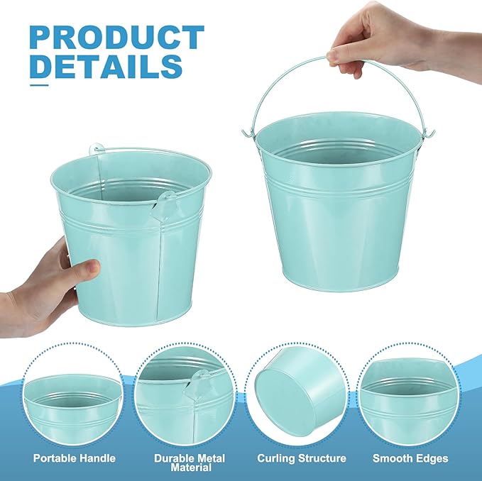 PATIKIL 5.9"x5.1" Small Metal Buckets with Handle, 6 Pcs Mini Galvanized Bucket Colorful Easter Buckets for Crafts Party Favors Decoration, Light Blue